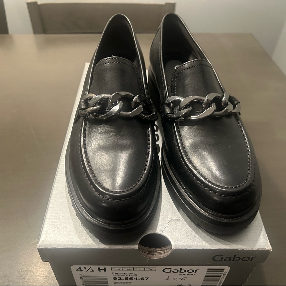 Gabor Women’s  Black Loafers with Chain Accent